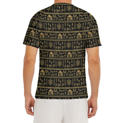 Black And Gold Warli Pattern Print Men's Short Sleeve Rash Guard