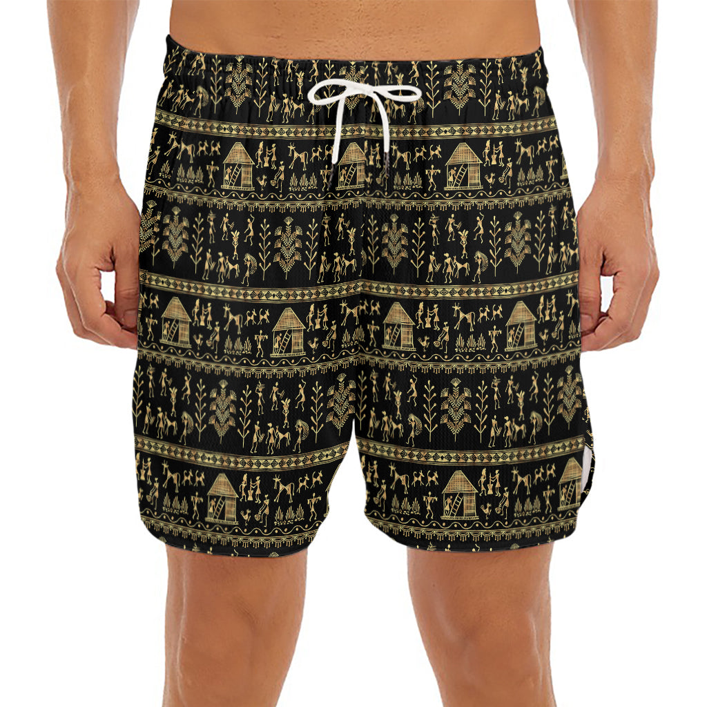 Black And Gold Warli Pattern Print Men's Split Running Shorts