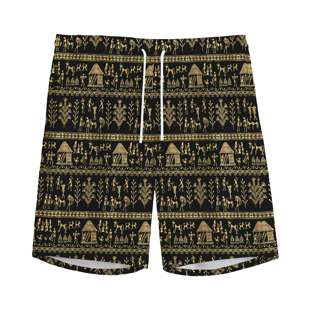 Black And Gold Warli Pattern Print Men's Sports Shorts