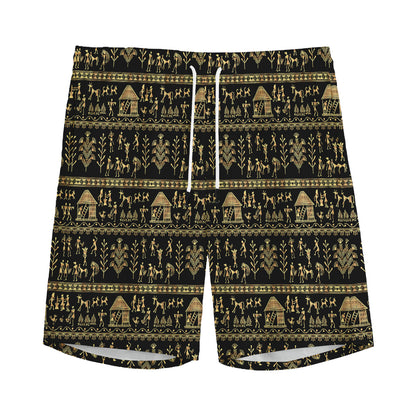 Black And Gold Warli Pattern Print Men's Sports Shorts