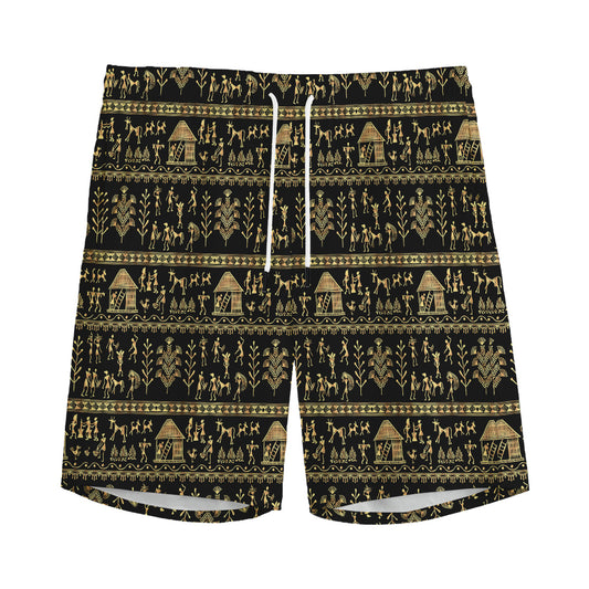 Black And Gold Warli Pattern Print Men's Sports Shorts