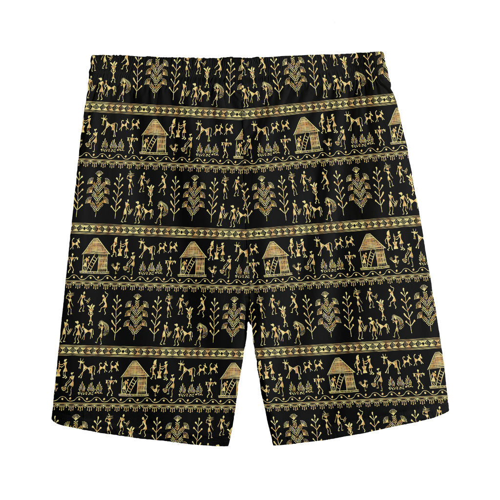 Black And Gold Warli Pattern Print Men's Sports Shorts