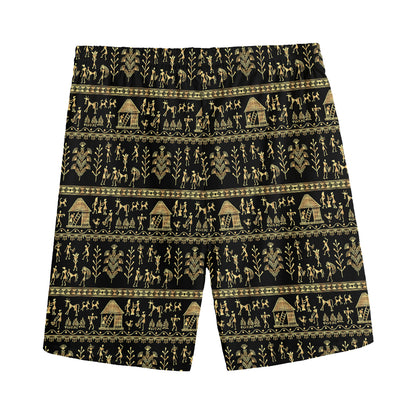 Black And Gold Warli Pattern Print Men's Sports Shorts