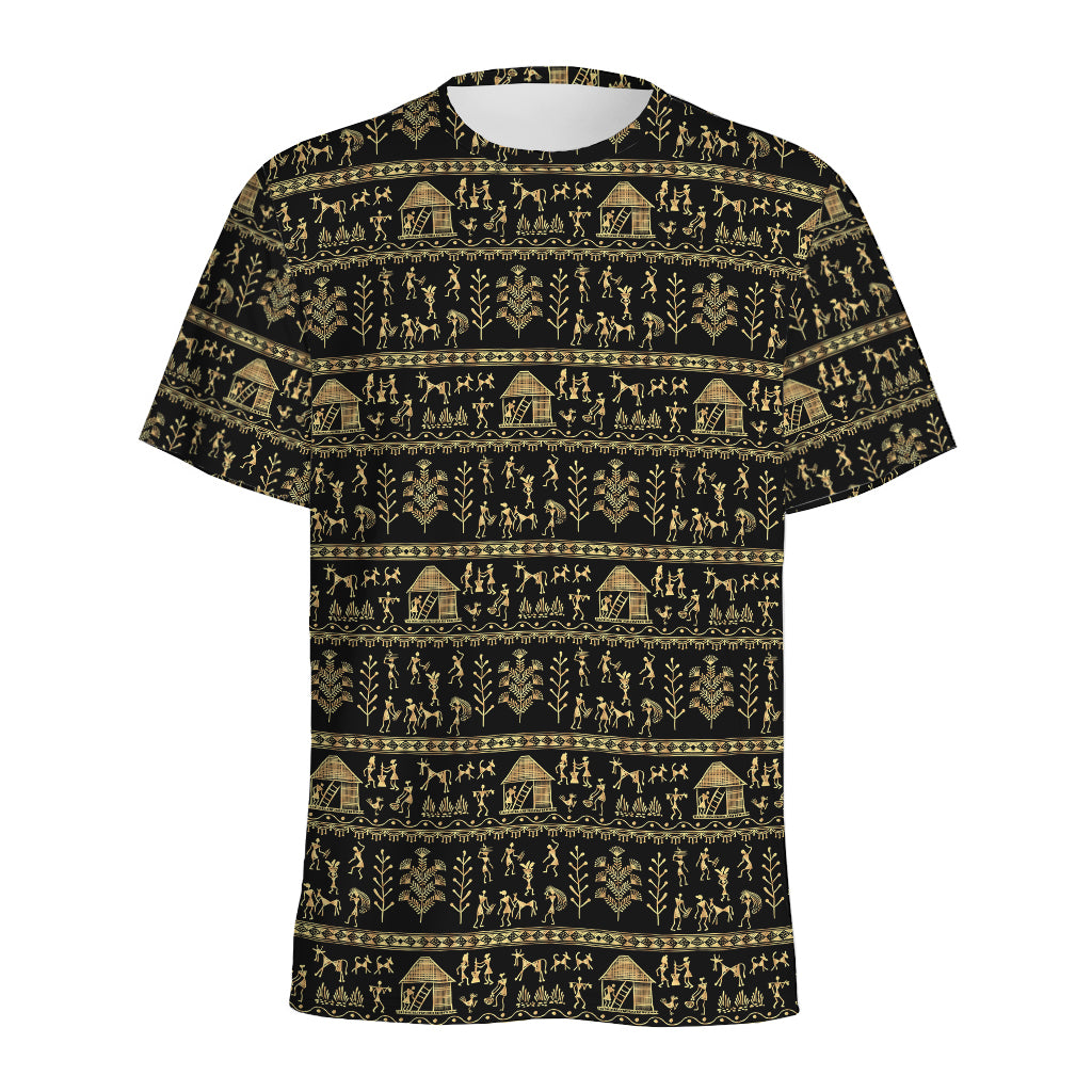 Black And Gold Warli Pattern Print Men's Sports T-Shirt