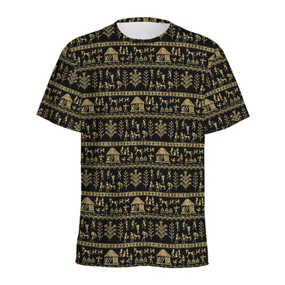 Black And Gold Warli Pattern Print Men's Sports T-Shirt