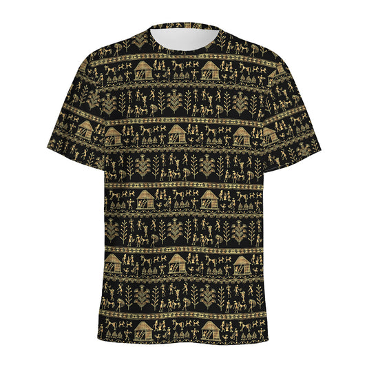 Black And Gold Warli Pattern Print Men's Sports T-Shirt