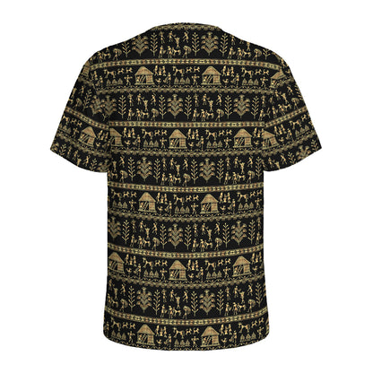 Black And Gold Warli Pattern Print Men's Sports T-Shirt