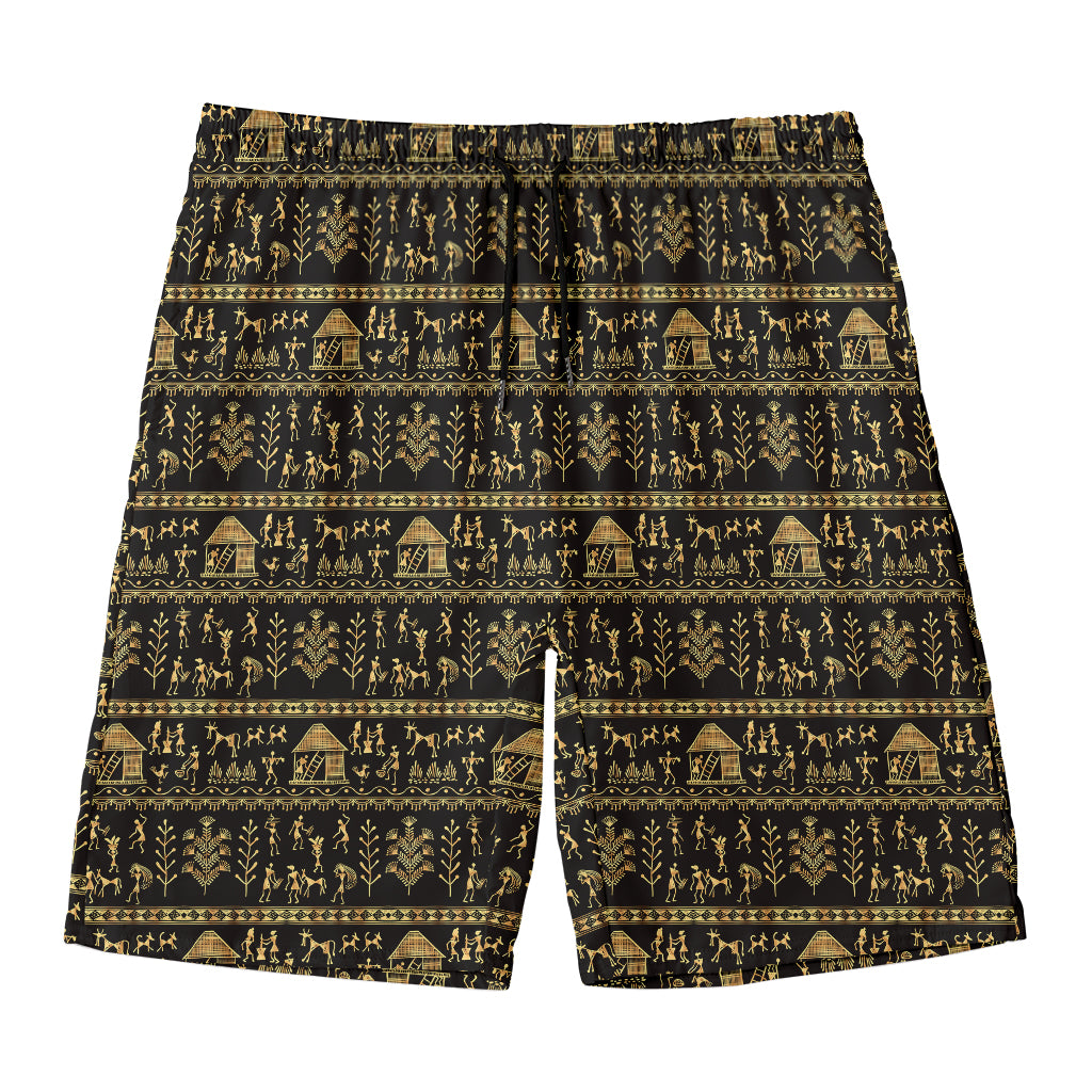 Black And Gold Warli Pattern Print Men's Swim Trunks