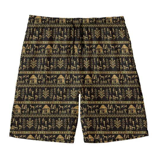 Black And Gold Warli Pattern Print Men's Swim Trunks