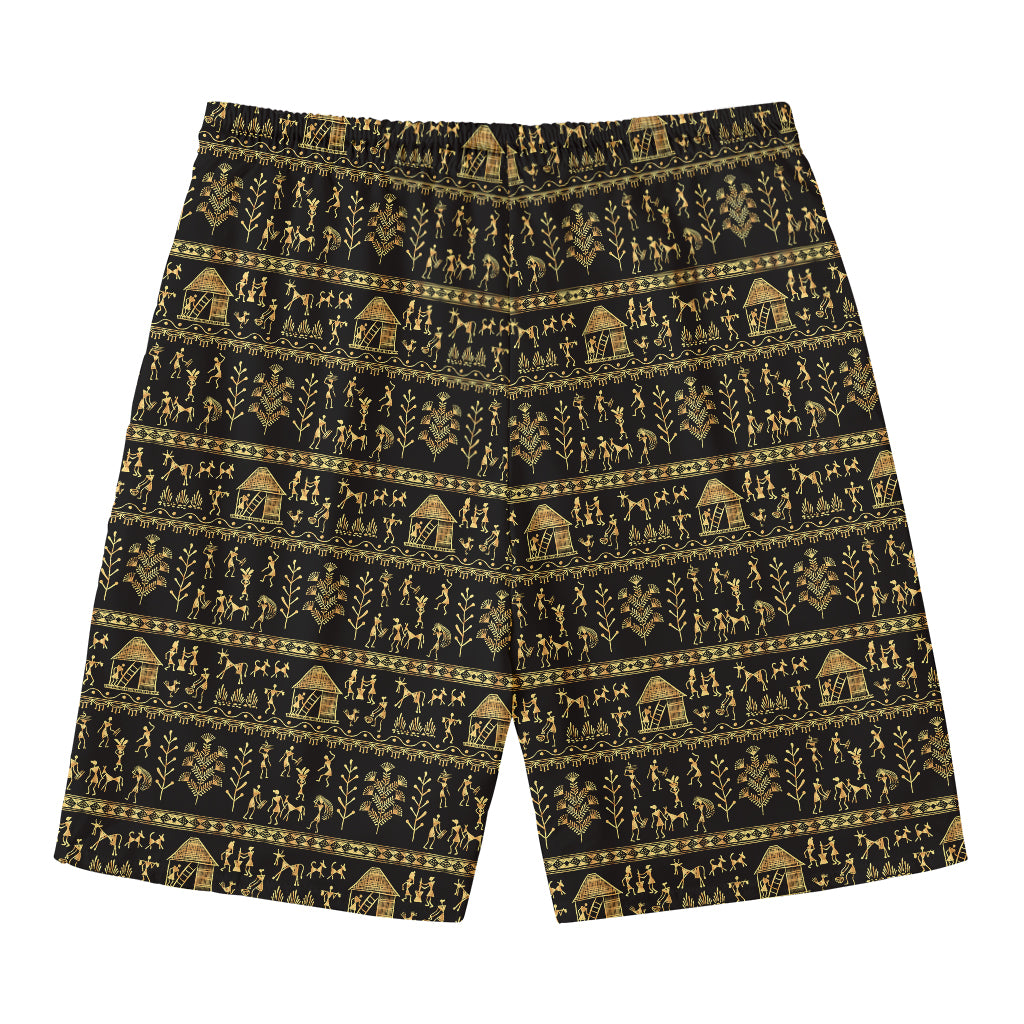 Black And Gold Warli Pattern Print Men's Swim Trunks