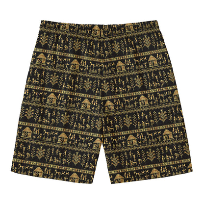 Black And Gold Warli Pattern Print Men's Swim Trunks