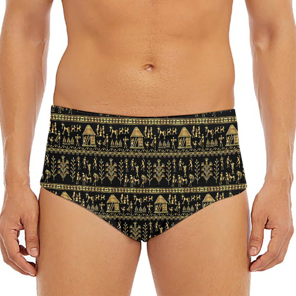 Black And Gold Warli Pattern Print Men's Triangle Swim Briefs