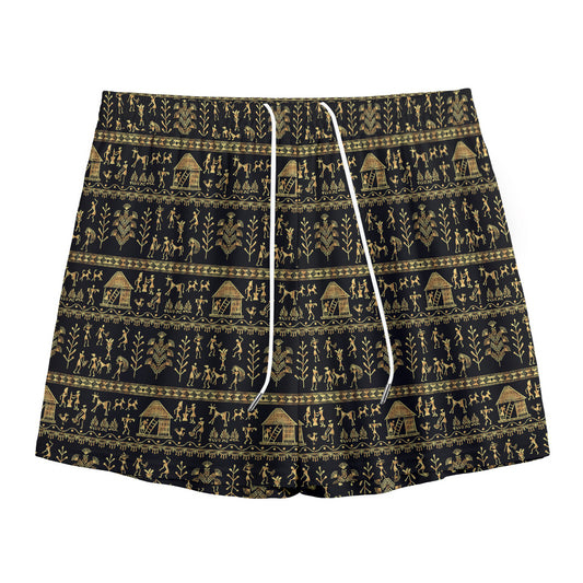 Black And Gold Warli Pattern Print Mesh Shorts