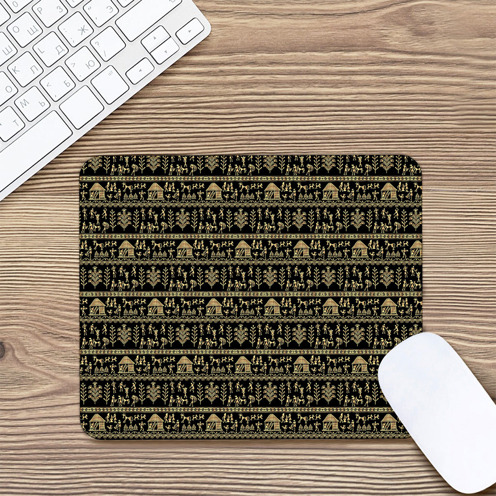 Black And Gold Warli Pattern Print Mouse Pad