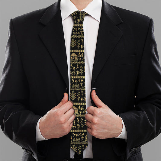 Black And Gold Warli Pattern Print Necktie
