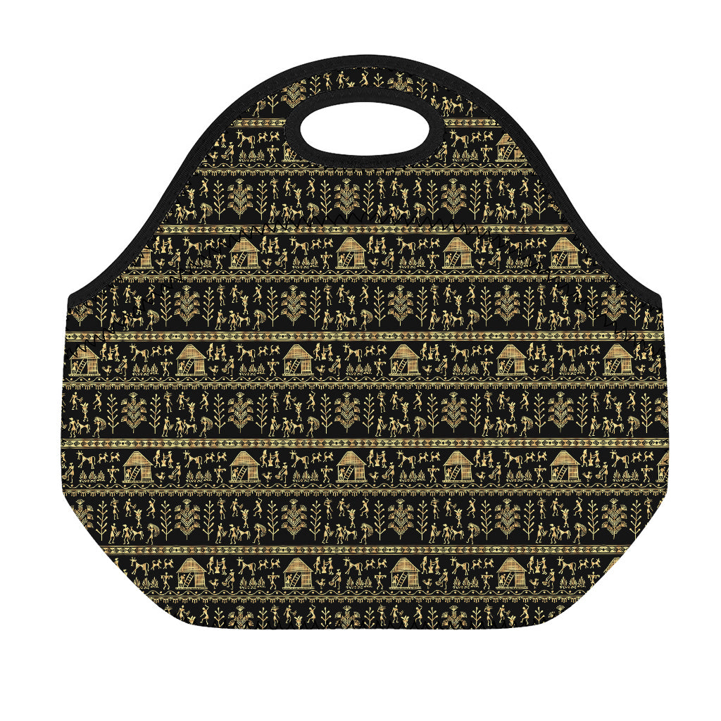 Black And Gold Warli Pattern Print Neoprene Lunch Bag