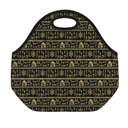 Black And Gold Warli Pattern Print Neoprene Lunch Bag