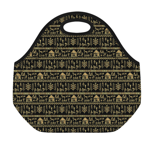 Black And Gold Warli Pattern Print Neoprene Lunch Bag