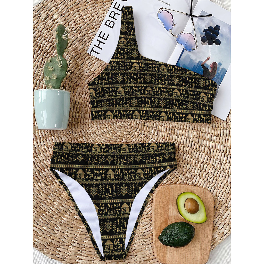 Black And Gold Warli Pattern Print One Shoulder Bikini Top