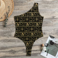 Black And Gold Warli Pattern Print One Shoulder Bodysuit