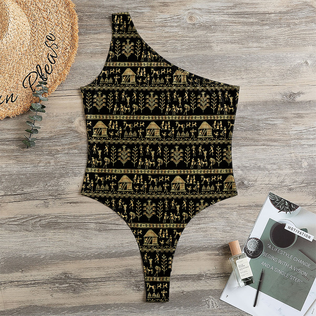 Black And Gold Warli Pattern Print One Shoulder Bodysuit