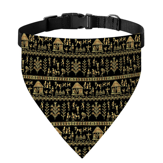 Black And Gold Warli Pattern Print Over The Collar Dog Bandana