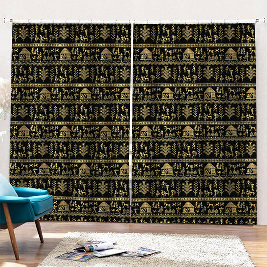 Black And Gold Warli Pattern Print Pencil Pleat Curtains