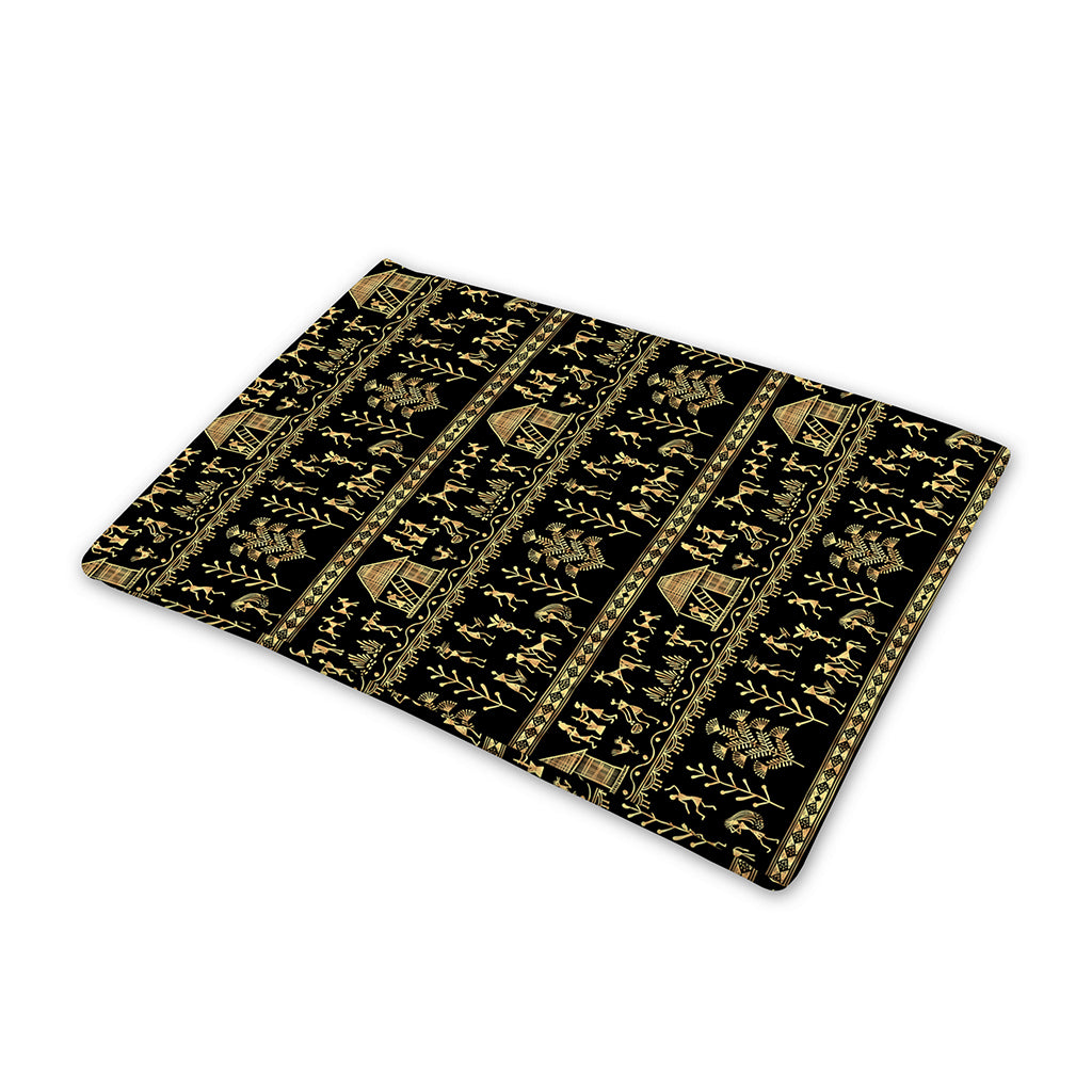 Black And Gold Warli Pattern Print Pet Cooling Mat Cover