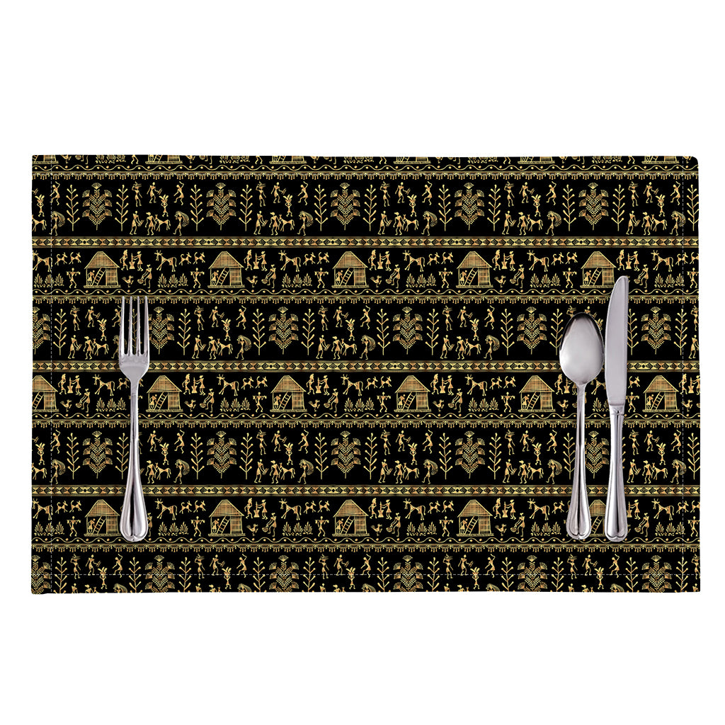 Black And Gold Warli Pattern Print Placemat
