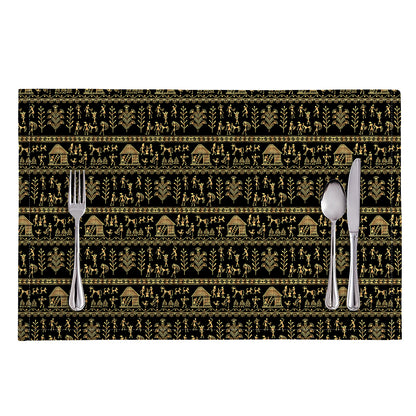 Black And Gold Warli Pattern Print Placemat
