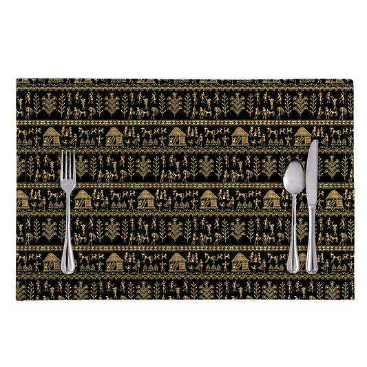 Black And Gold Warli Pattern Print Placemat