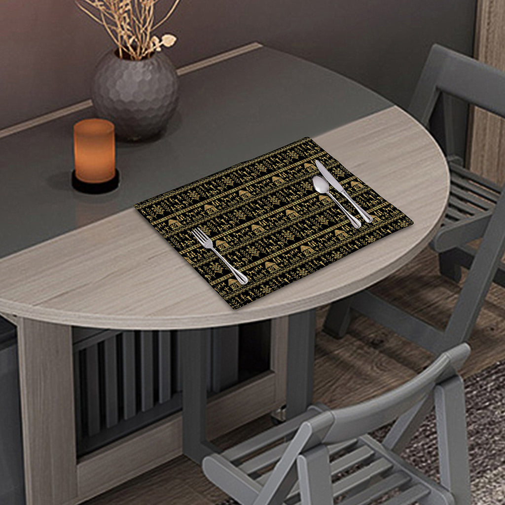 Black And Gold Warli Pattern Print Placemat