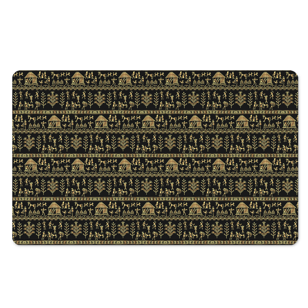 Black And Gold Warli Pattern Print Polyester Doormat