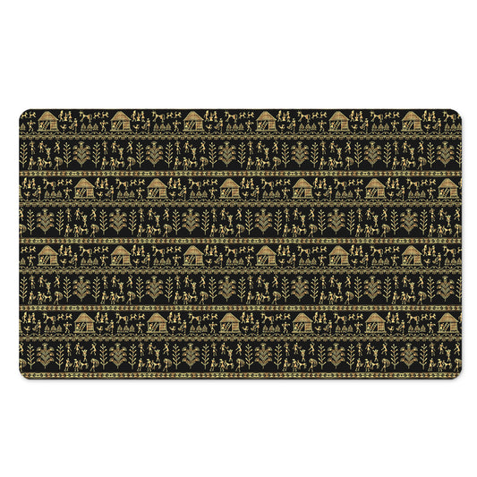 Black And Gold Warli Pattern Print Polyester Doormat