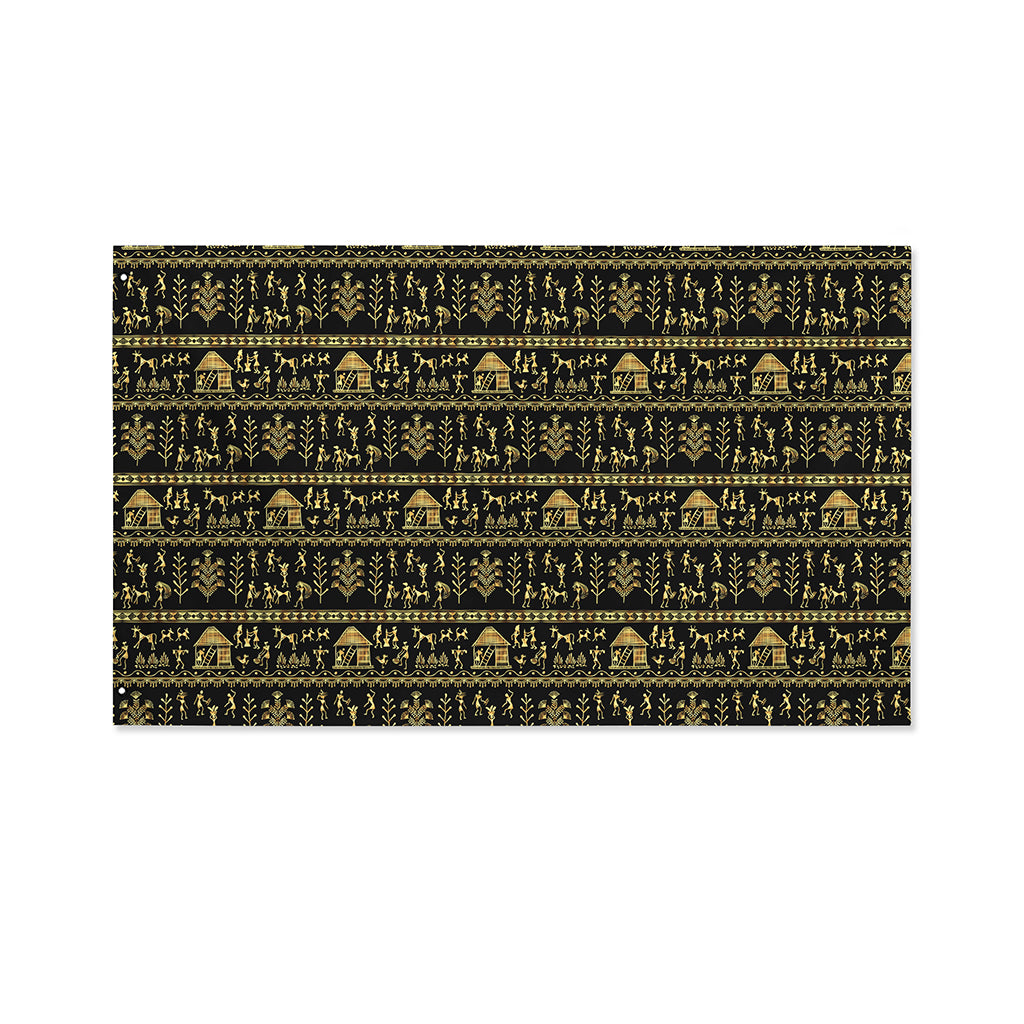 Black And Gold Warli Pattern Print Polyester Flag