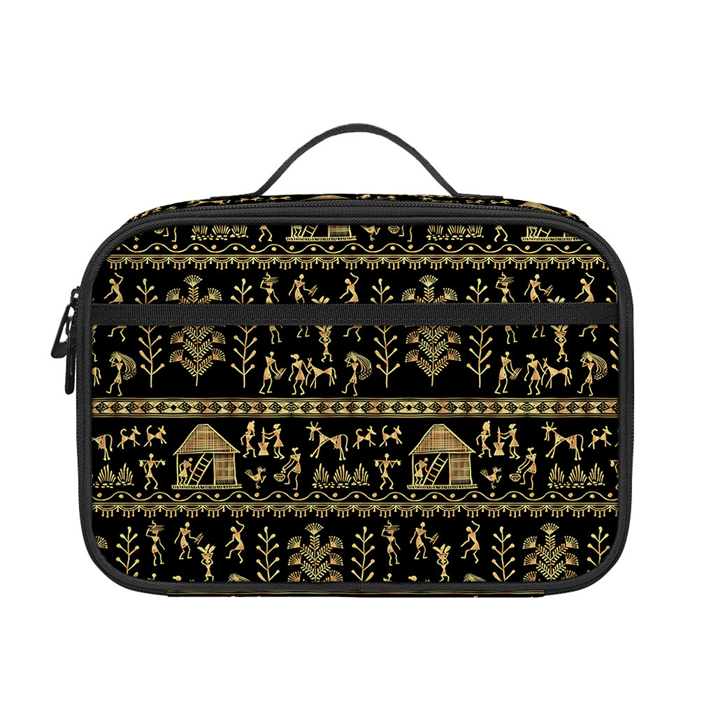 Black And Gold Warli Pattern Print Portable Lunch Bag