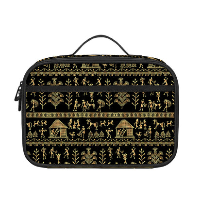 Black And Gold Warli Pattern Print Portable Lunch Bag