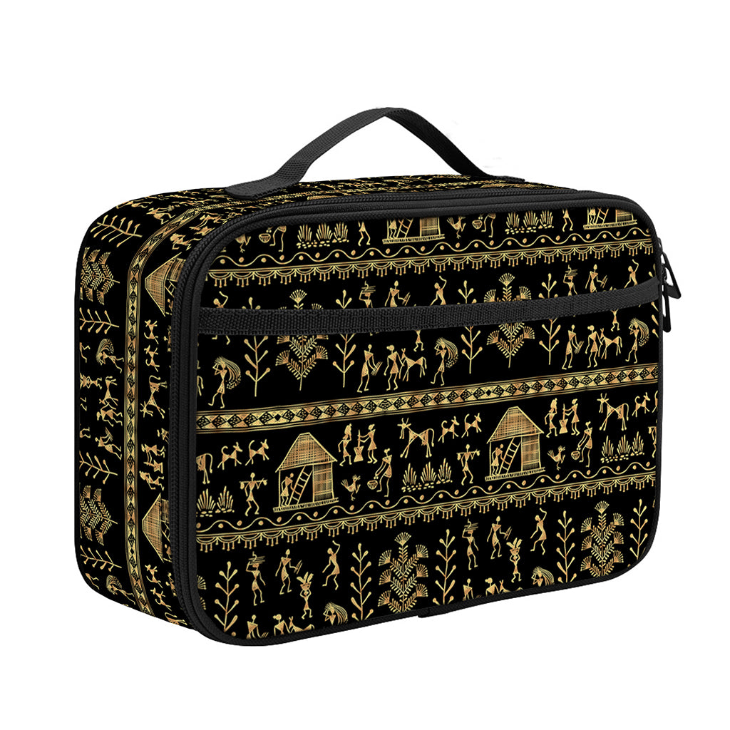 Black And Gold Warli Pattern Print Portable Lunch Bag