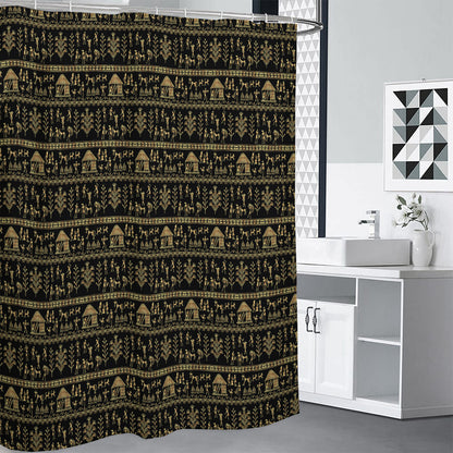 Black And Gold Warli Pattern Print Premium Shower Curtain