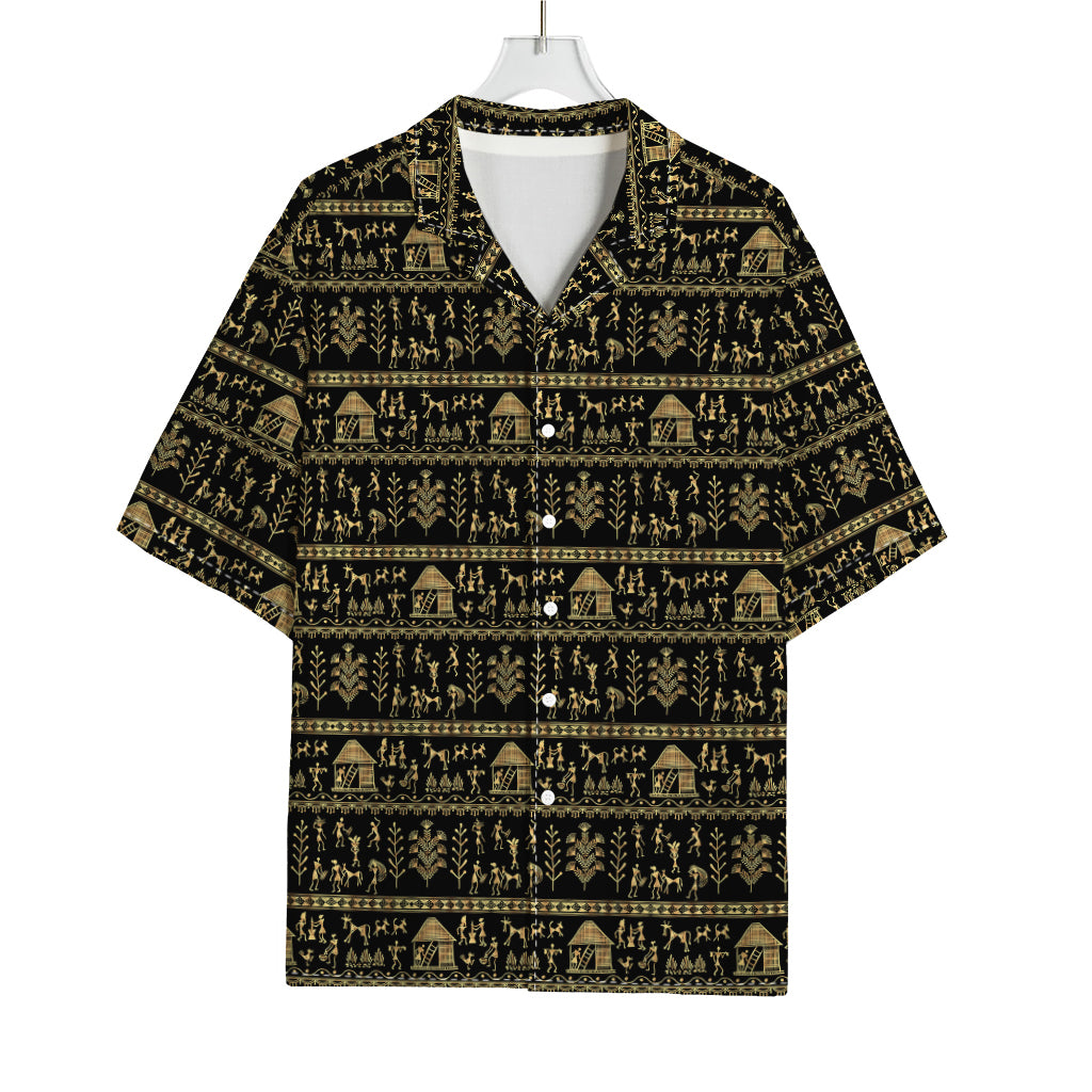 Black And Gold Warli Pattern Print Rayon Hawaiian Shirt