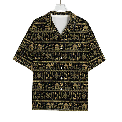 Black And Gold Warli Pattern Print Rayon Hawaiian Shirt