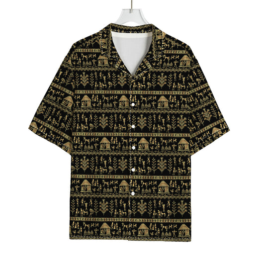Black And Gold Warli Pattern Print Rayon Hawaiian Shirt