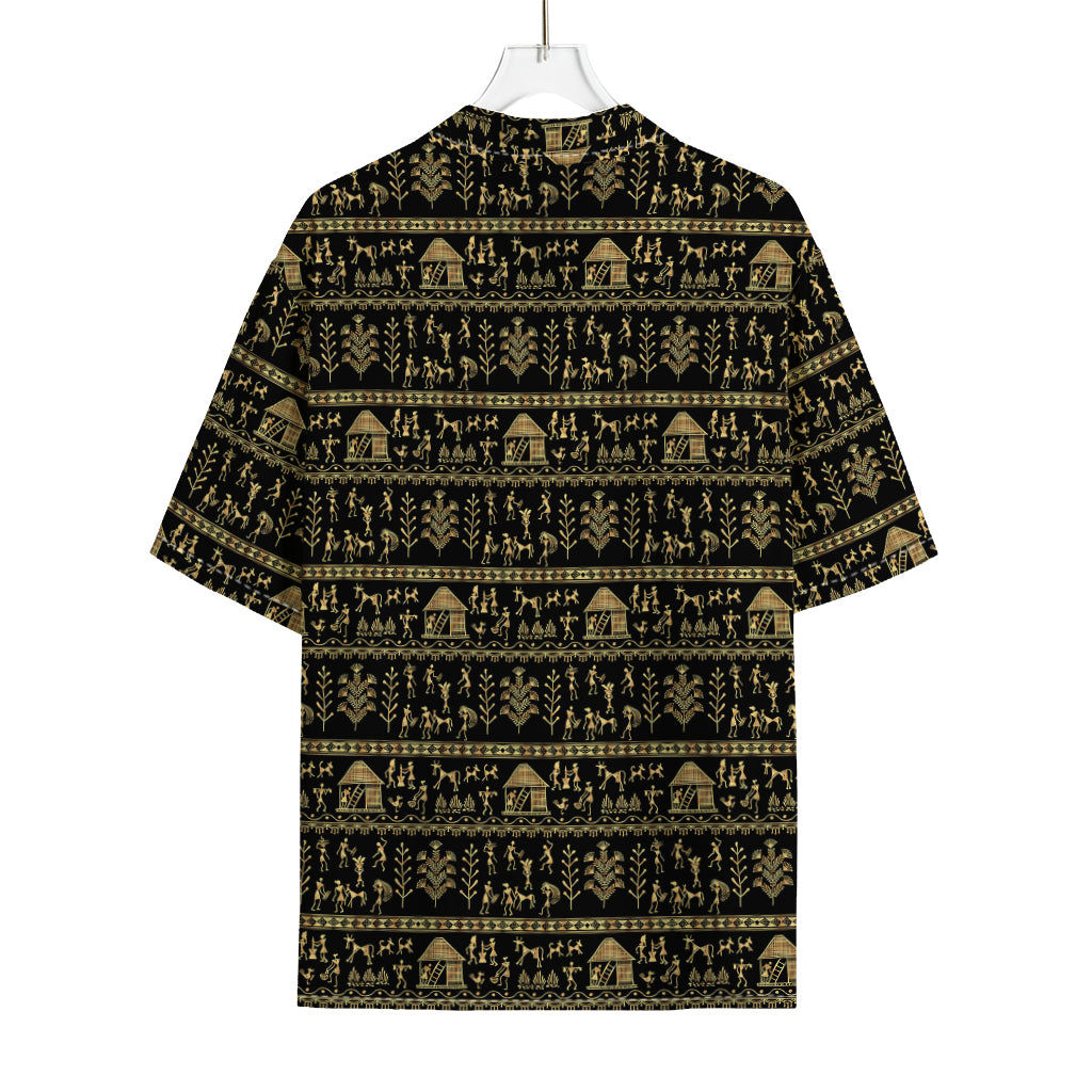 Black And Gold Warli Pattern Print Rayon Hawaiian Shirt