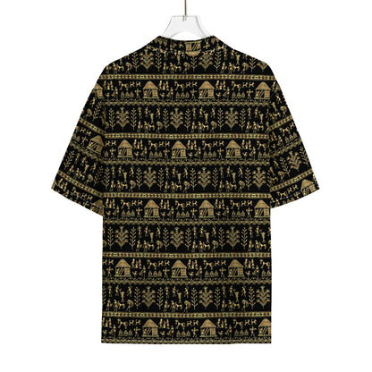 Black And Gold Warli Pattern Print Rayon Hawaiian Shirt