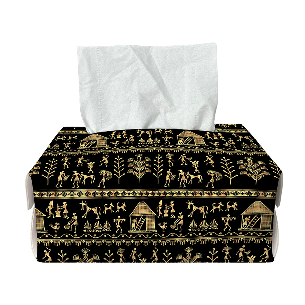 Black And Gold Warli Pattern Print Rectangle Tissue Box Cover