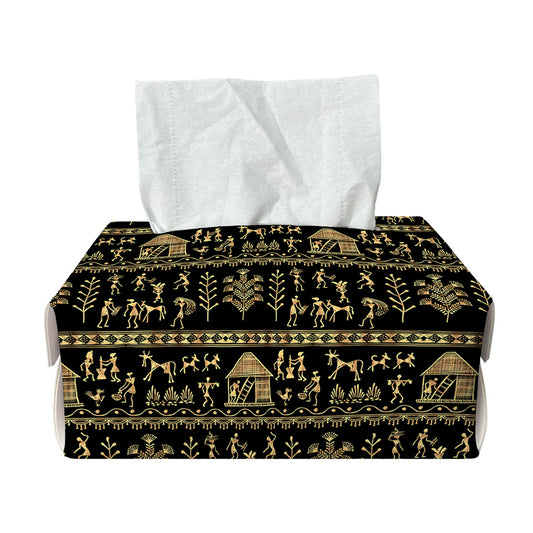 Black And Gold Warli Pattern Print Rectangle Tissue Box Cover