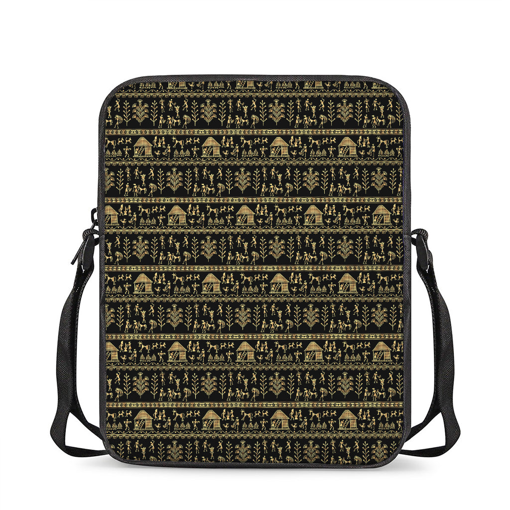 Black And Gold Warli Pattern Print Rectangular Crossbody Bag