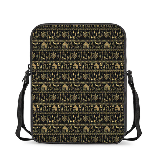 Black And Gold Warli Pattern Print Rectangular Crossbody Bag