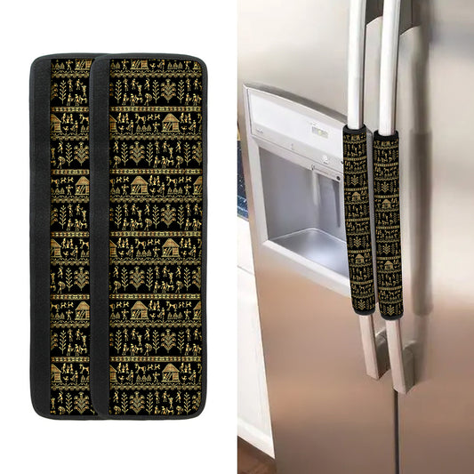 Black And Gold Warli Pattern Print Refrigerator Handle Covers