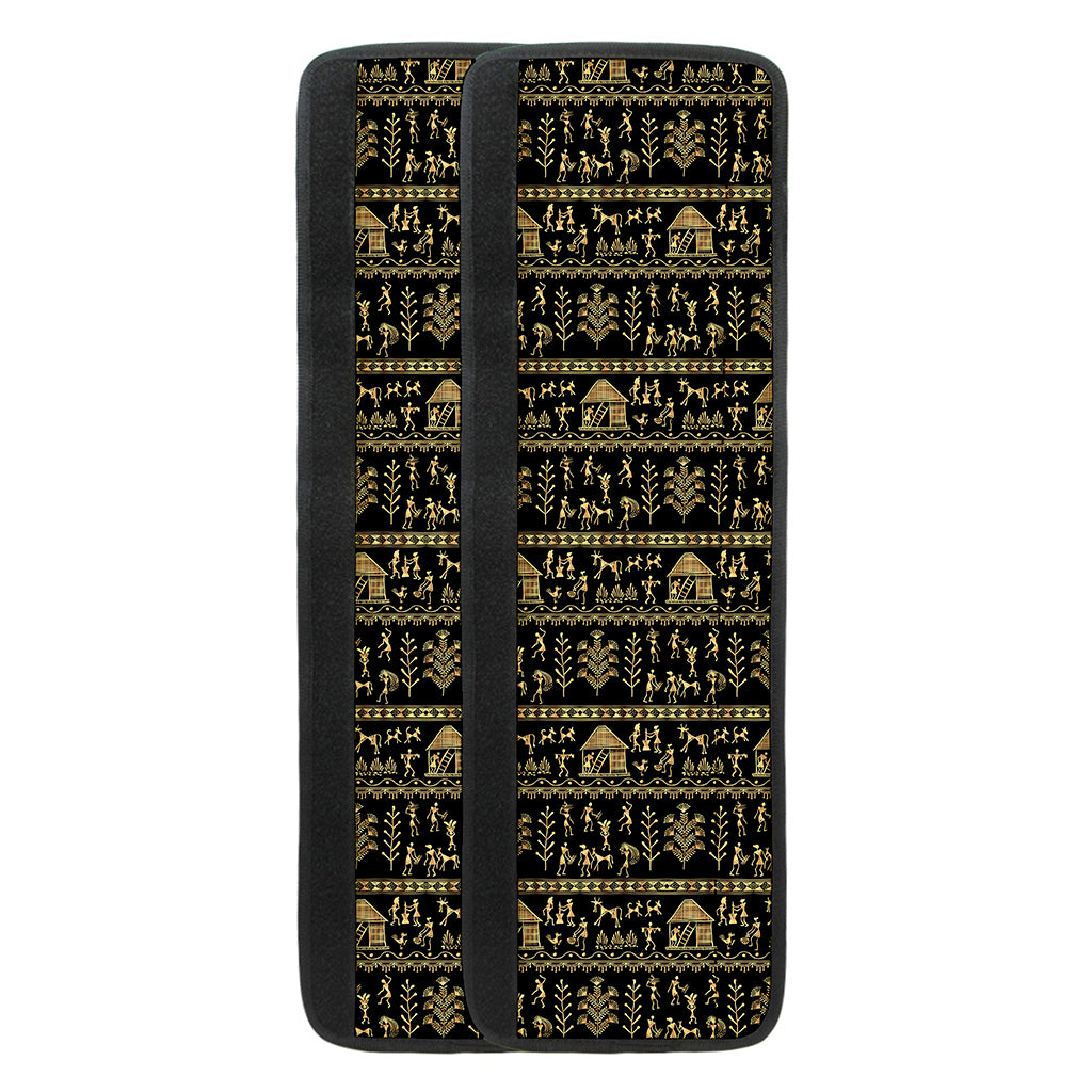 Black And Gold Warli Pattern Print Refrigerator Handle Covers